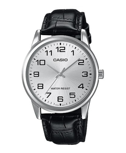 Zegarek męski CASIO MTP-V001L-7BUDF z jasną tarczą i czarnym skórzanym paskiem.jpg