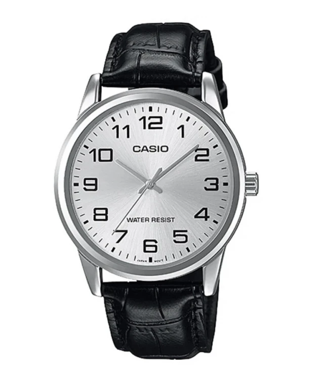 Zegarek męski CASIO MTP-V001L-7BUDF z jasną tarczą i czarnym skórzanym paskiem.jpg
