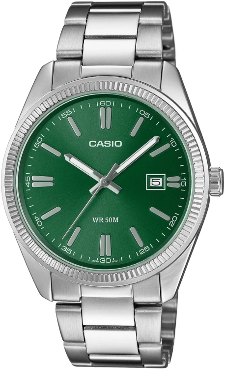 Zegarek męski CASIO MTP-1302PD-3AVEF z zieloną tarczą i srebrną bransoletą.jpg