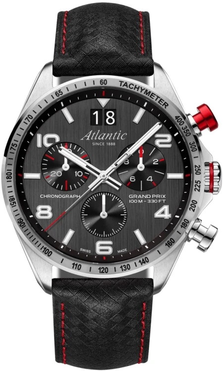 Zegarek męski Atlantic Grand Prix Chrono 55463.41.65 z czarną tarczą i skórzanym paskiem